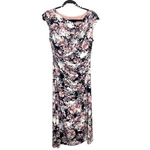 Connected Apparel Floral Faux Wrap Midi Dress Ruched Side Sleeveless Size 8